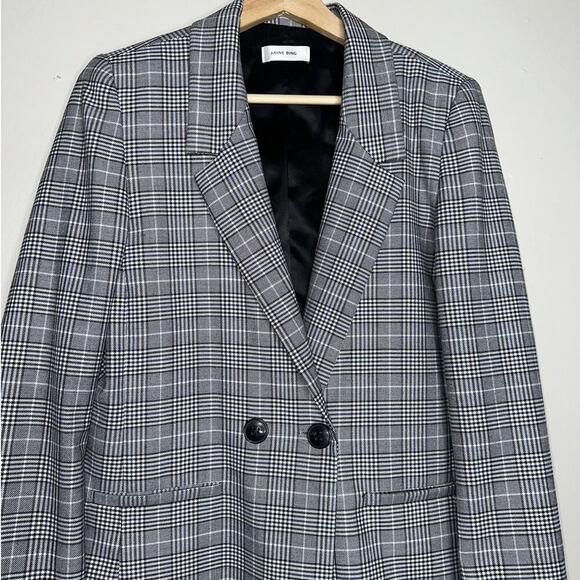 Anine Bing Madeline Plaid Print Oversized Blazer Gray/White/Blue Size Small - Picture 5 of 10